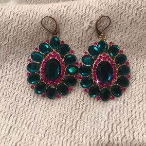 Green and pink large costume earrings